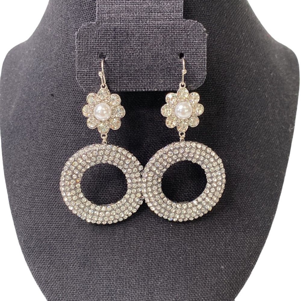 nOir Rhinestone Pearl Flower Drop Circle Pierced Earrings Crystal Wedding Silver
